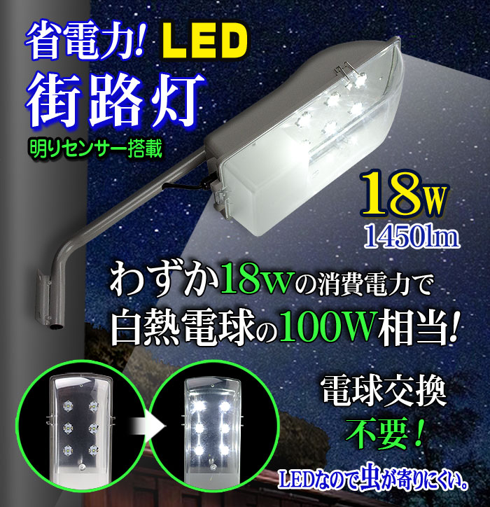 LED街路灯 18W/1450LMタイプ【22006‐L3】18ワットの消費電力で白熱球100ワット相当の明るさを実現